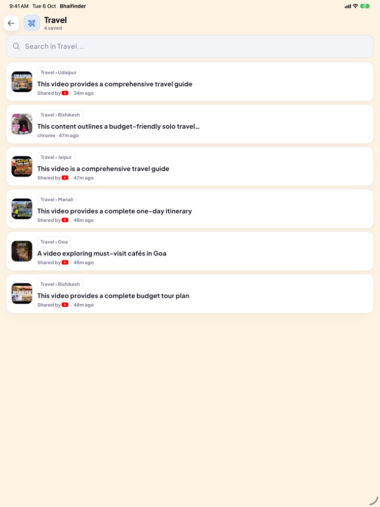 BhaiFinder travel category on iPad