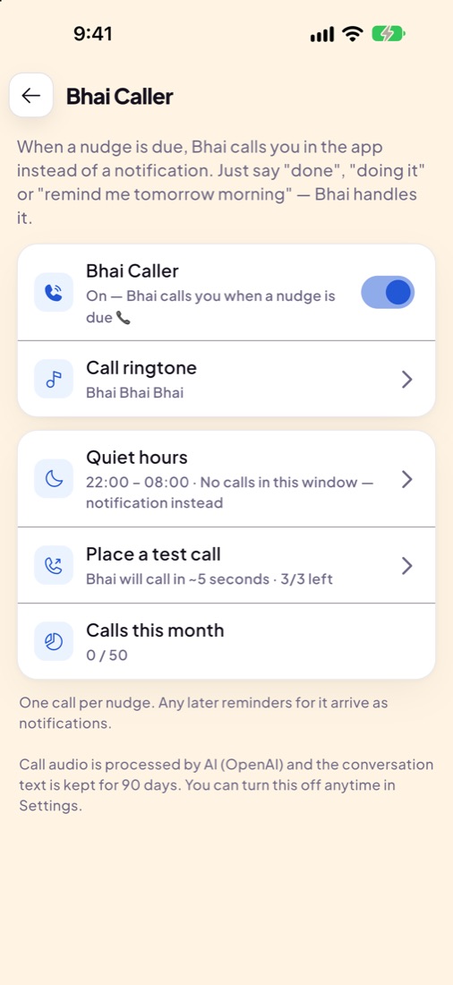 Bhai Caller settings: Bhai calls you when a nudge is due