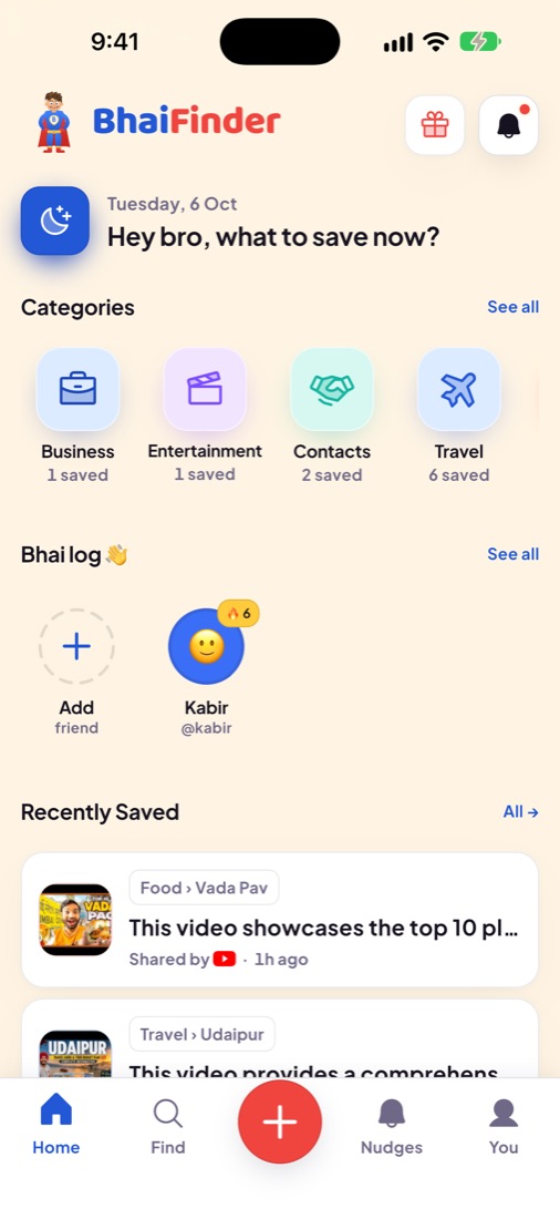 BhaiFinder home screen with categories, Bhai log and recent saves