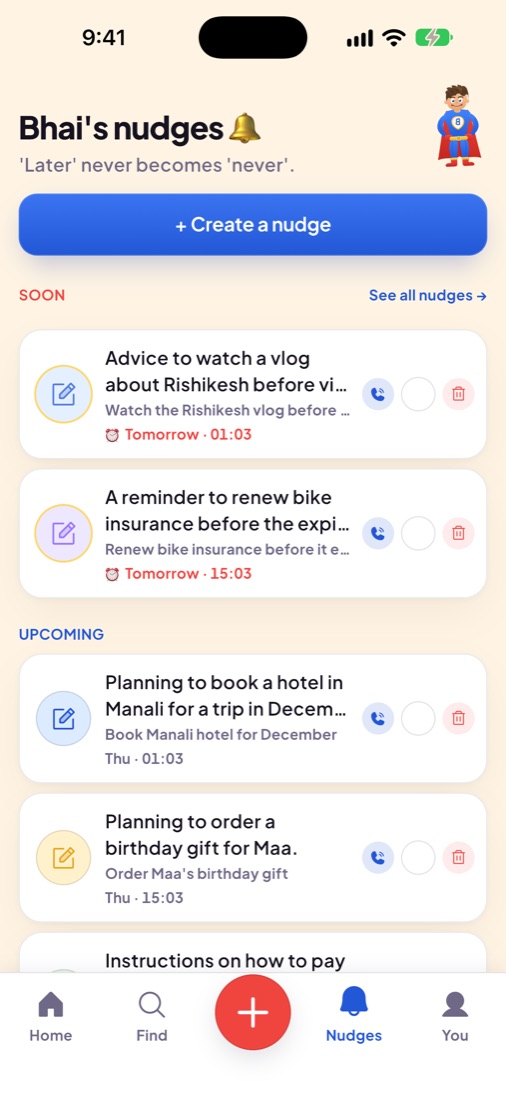 Bhai's nudges screen with upcoming reminders